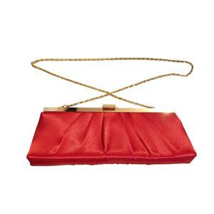 Vintage 90s Jessica McClintock Red Satin Clutch Purse with Metal Chain Strap